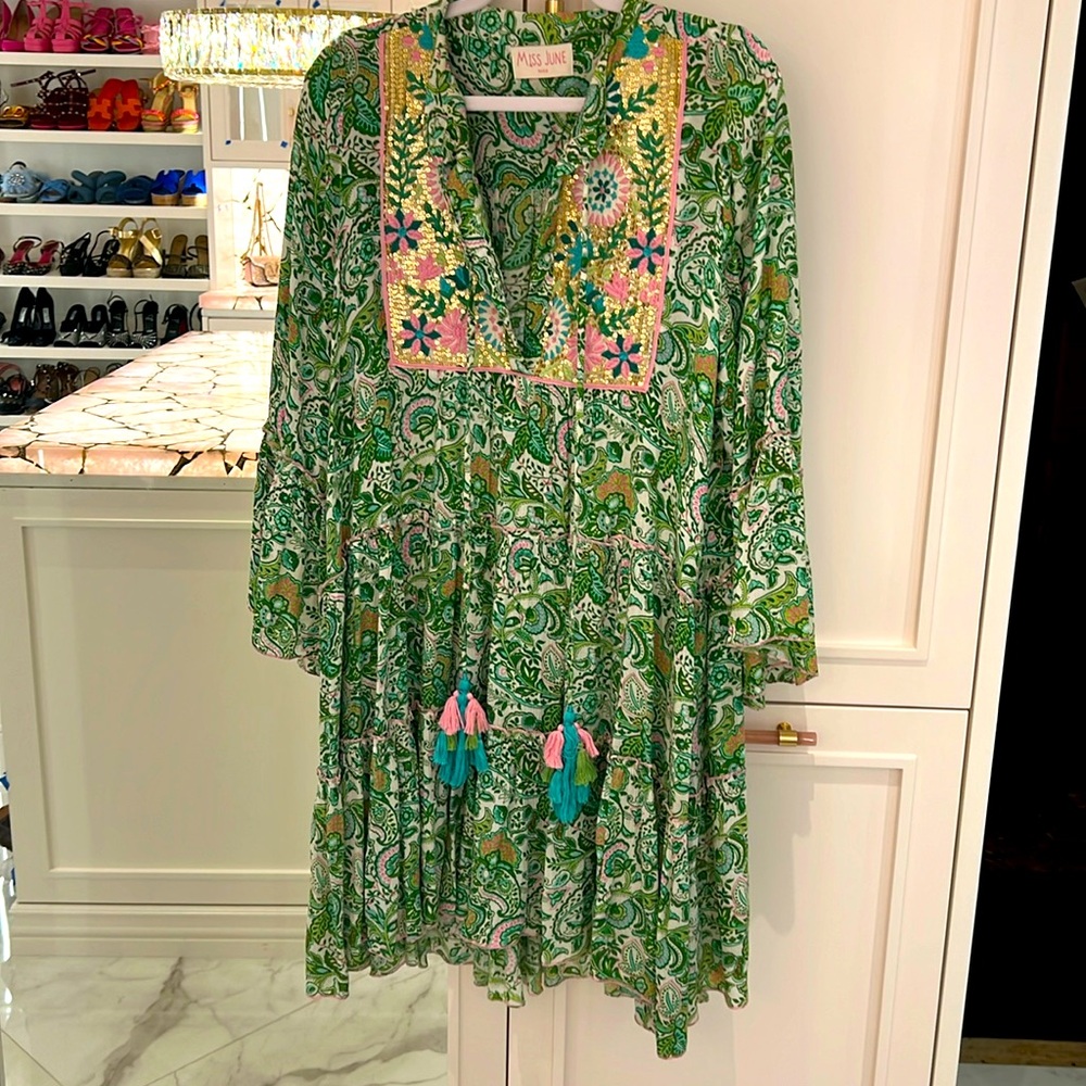 Miss June Floral Patterned embellished Dress ruffle long sleeve pink green cute!